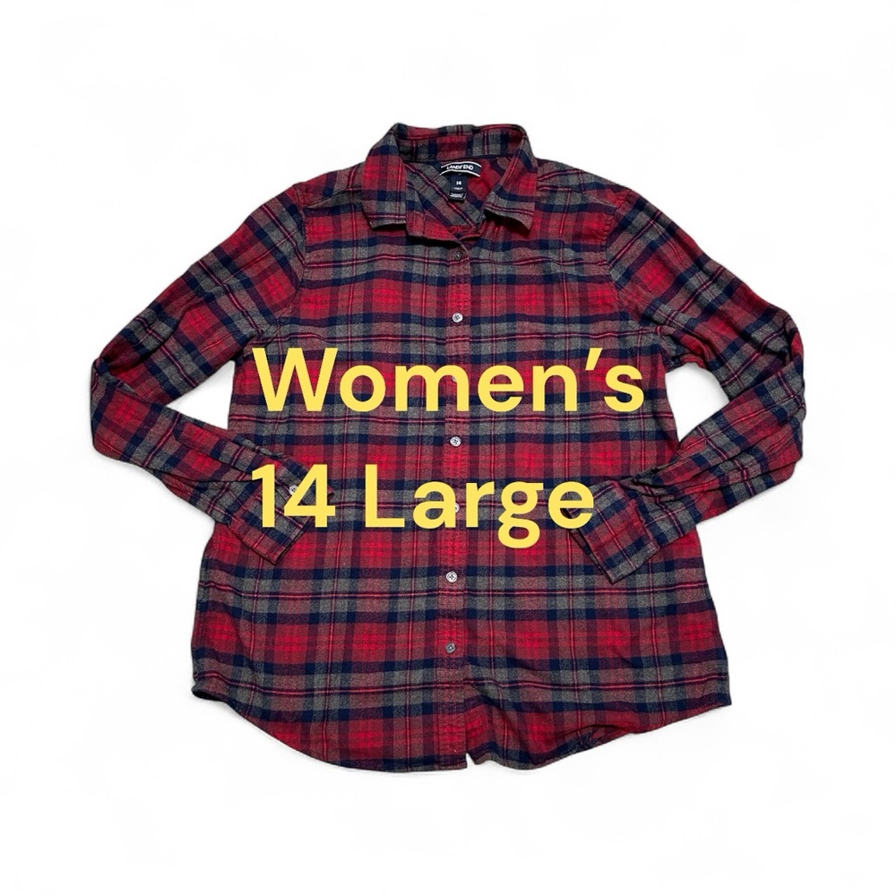 Women’s Lands End 14 Large Flannel Shirt Plaid Blue Red Long Sleeve Button - Picture 2 of 8
